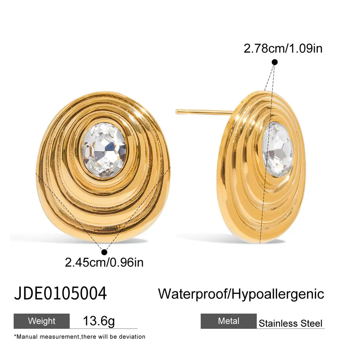 Gold Color Plated Stainless Steel Round White Zircon Ribbed Ear Studs