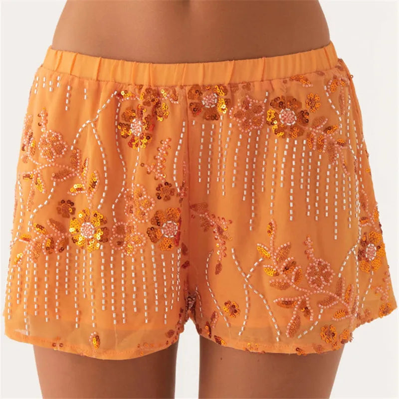 Womens Sequin Sparkle Beaded Mini Shorts