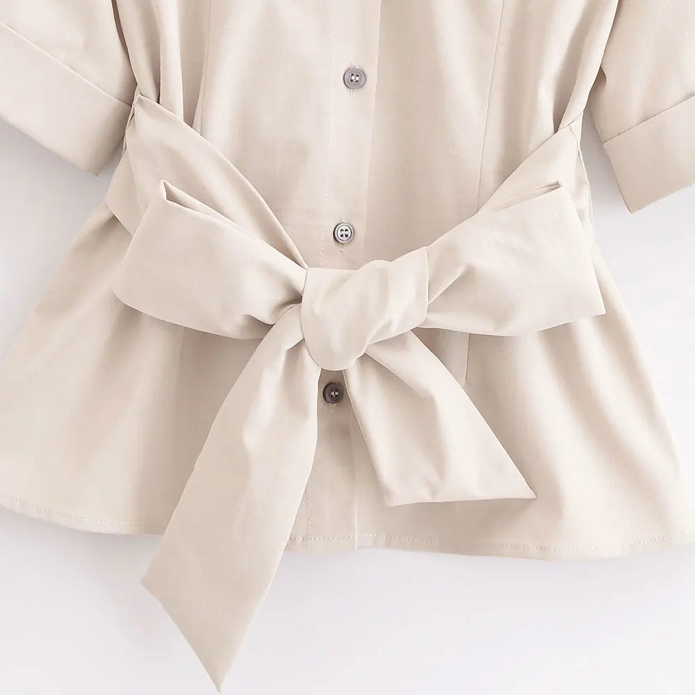 Women’s Fashion Belted Front Button Shirt