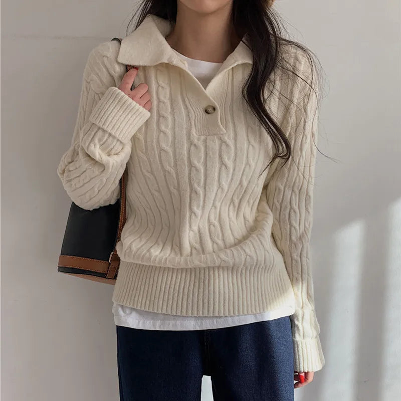 Turn-down Collar Solid Women’s Sweater