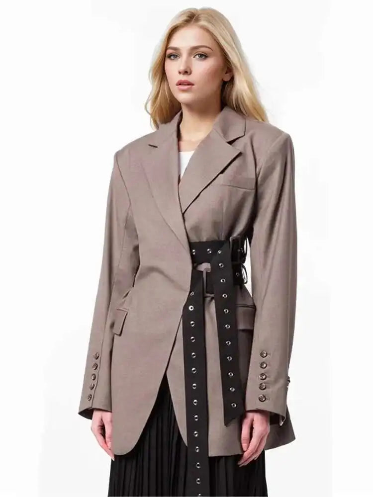Solid Temperament Jacket Spliced Belt Blazer Women
