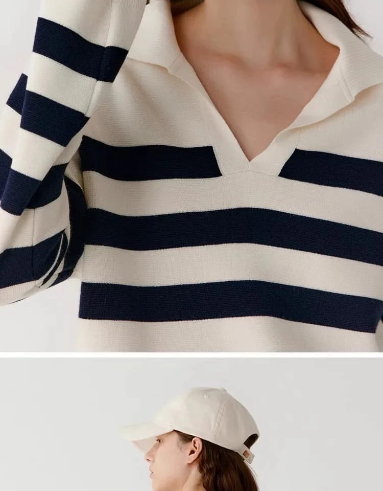 Loose Navy Collar Striped Cashmere Sweater