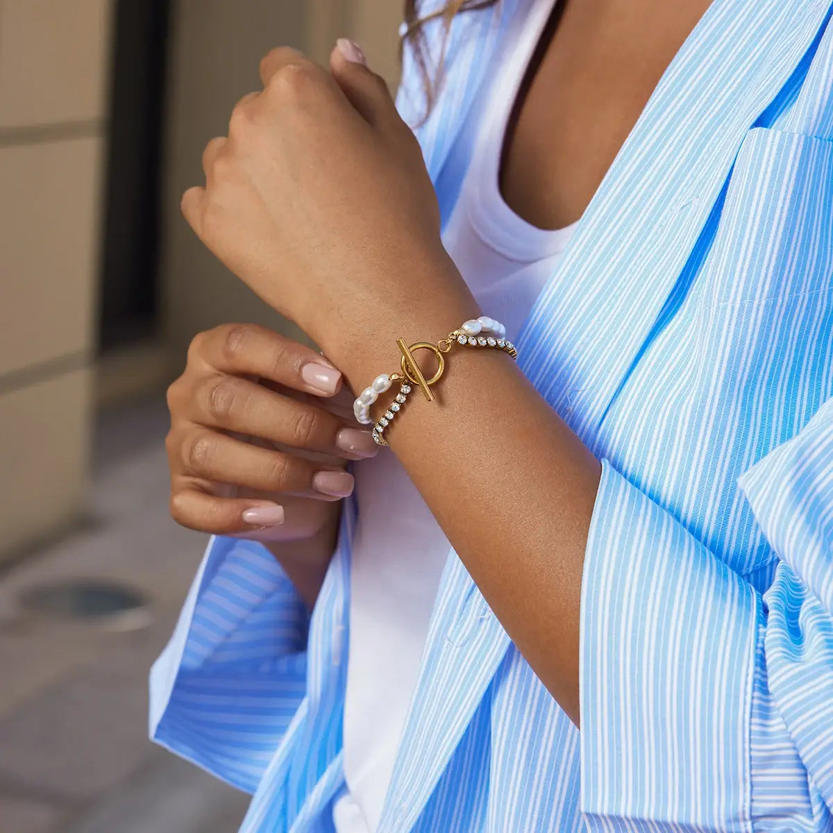 Inlay Zircon Double Layer Pearl Bracelet Waterproof Stainless Steel