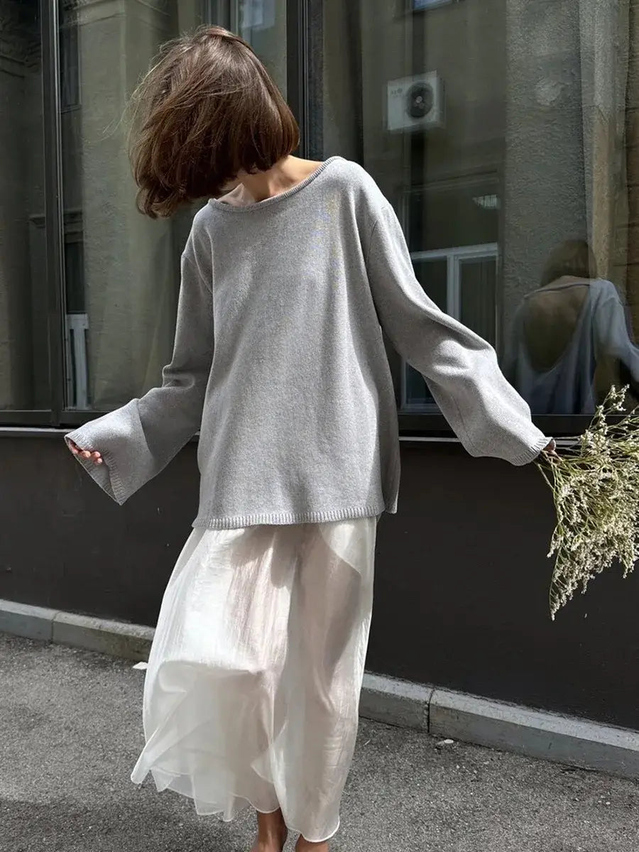 Backless O-neck Cotton Knit Sweater