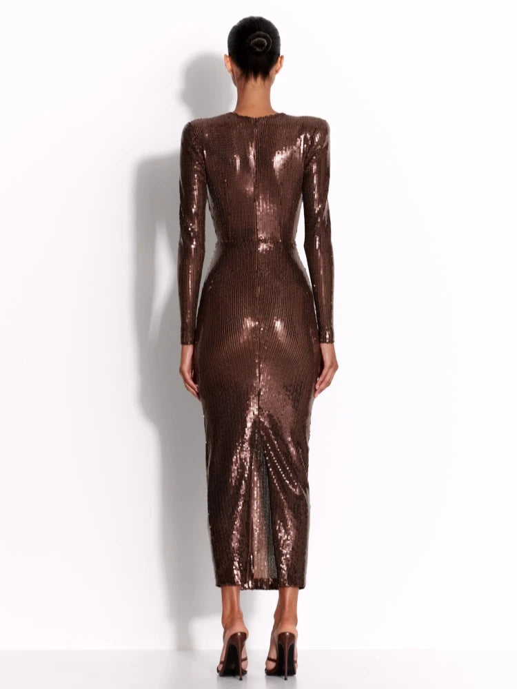 Deep V Neck Long Sleeve Sequins Long Dress Women - Norellé