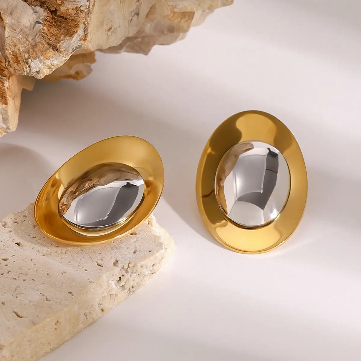 Stainless Steel Statement Silver Color Gold Stud Earrings