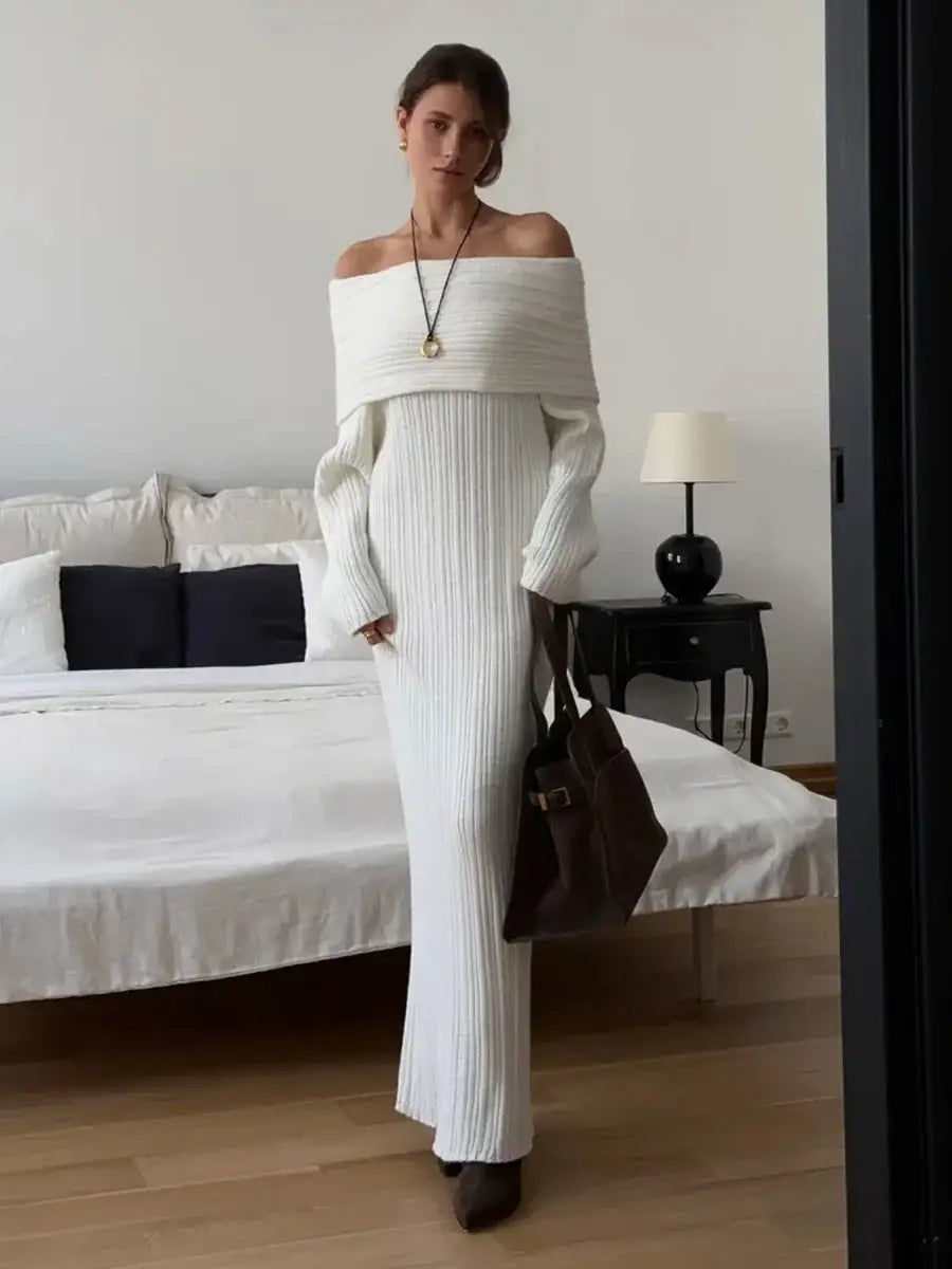 Knit Long Dress One Shoulder Sleeve