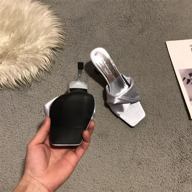 Satin Slippers Women Square Toe High Heels