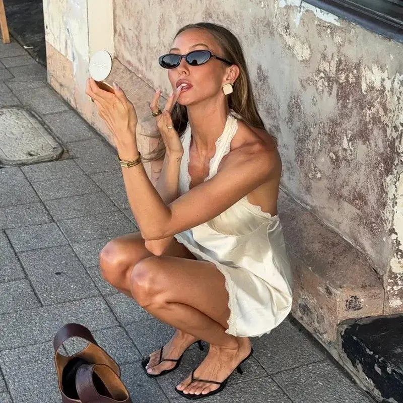 Lace Halter Mini Dress For Women V neck Sleeveless Elegant Splice Up