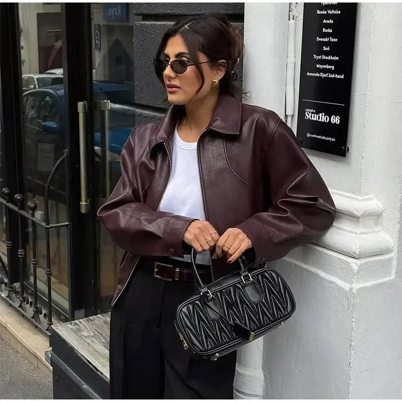 Retro Wine Red Pu Leather Short Jacket Women