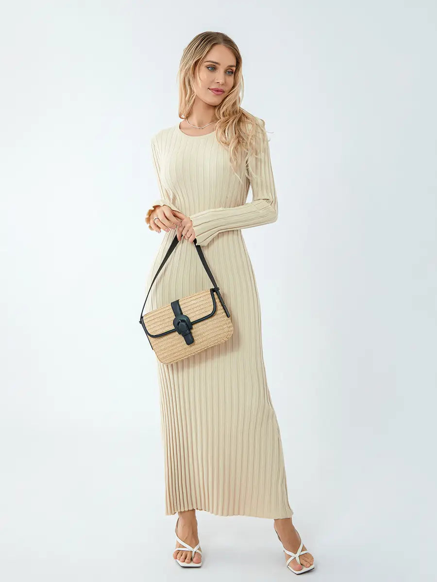 Women Lace-up Knit Dress Elegant Long Sleeve