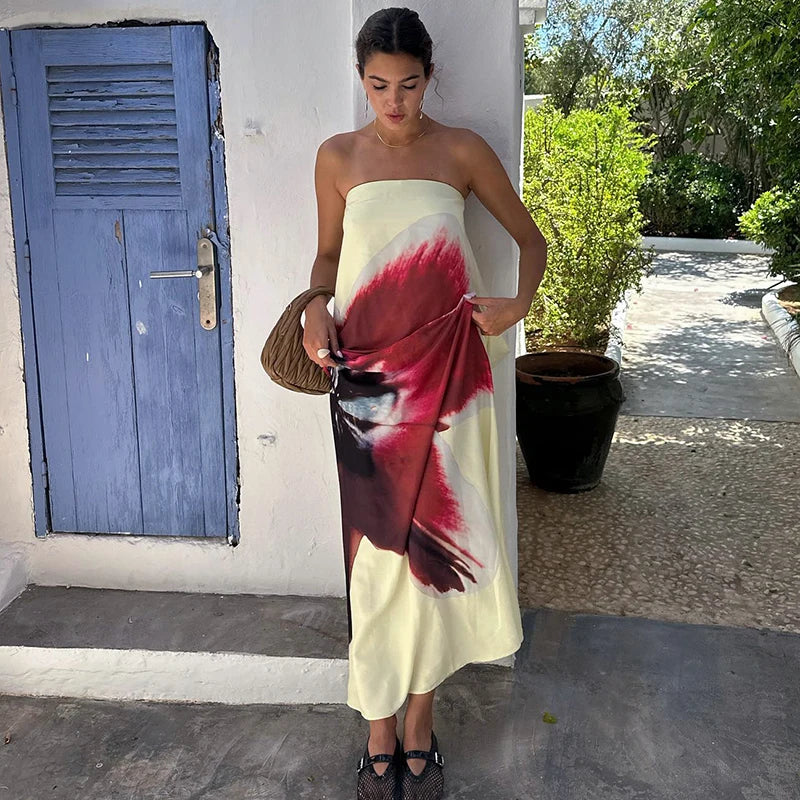 Strapless Print Floral Belt Women Maxi Dress Yellow - Norellé