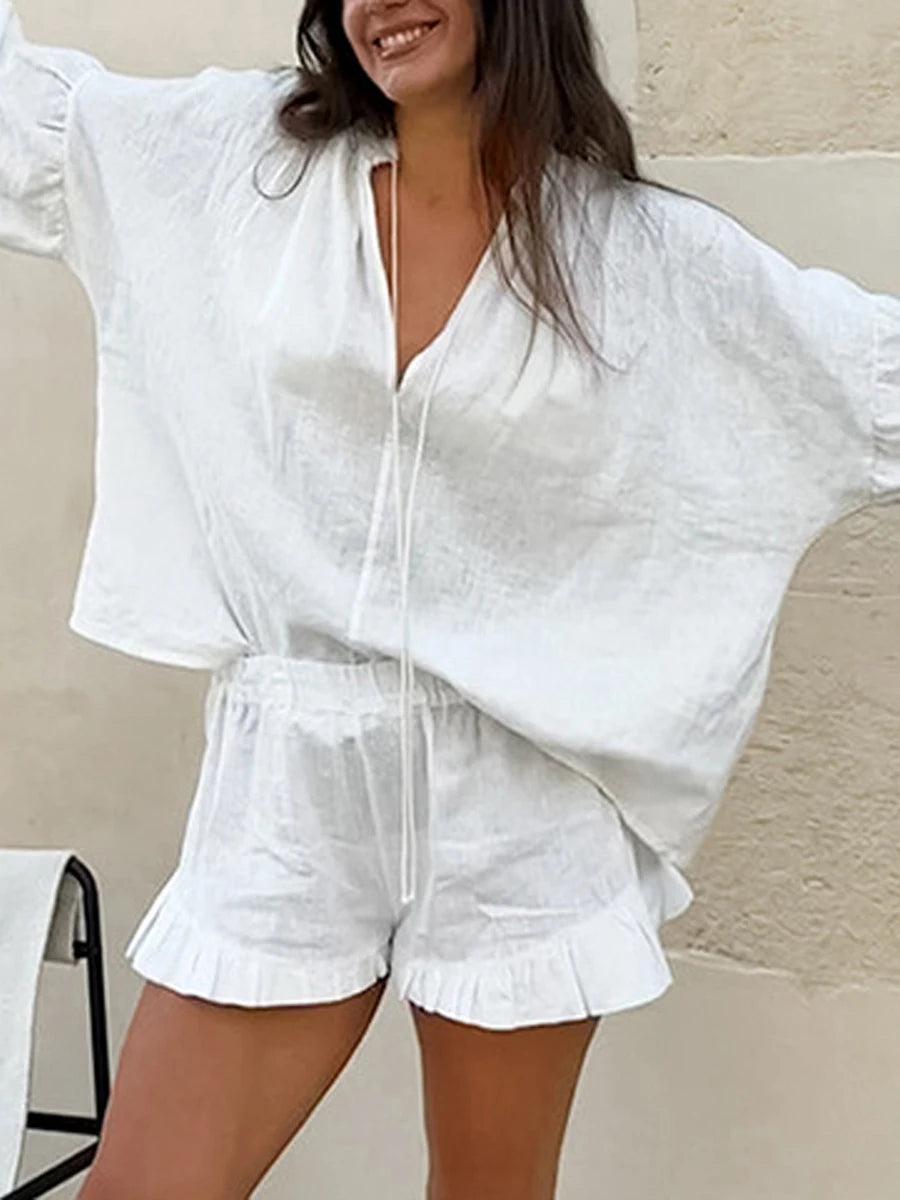 Casual Women Outfit Long Sleeve V-Neck Top with Tie-Up Detail and Elastic Waist Shorts Set