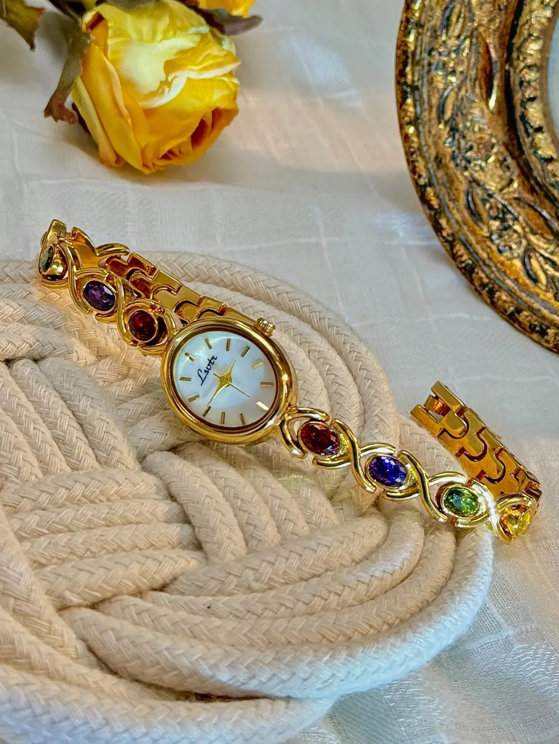 Colorfuled Tourmaline Gem Rhinestone Retro Elegant Fashion Women’s Watch Oval Mother-Of-Pearl Dial