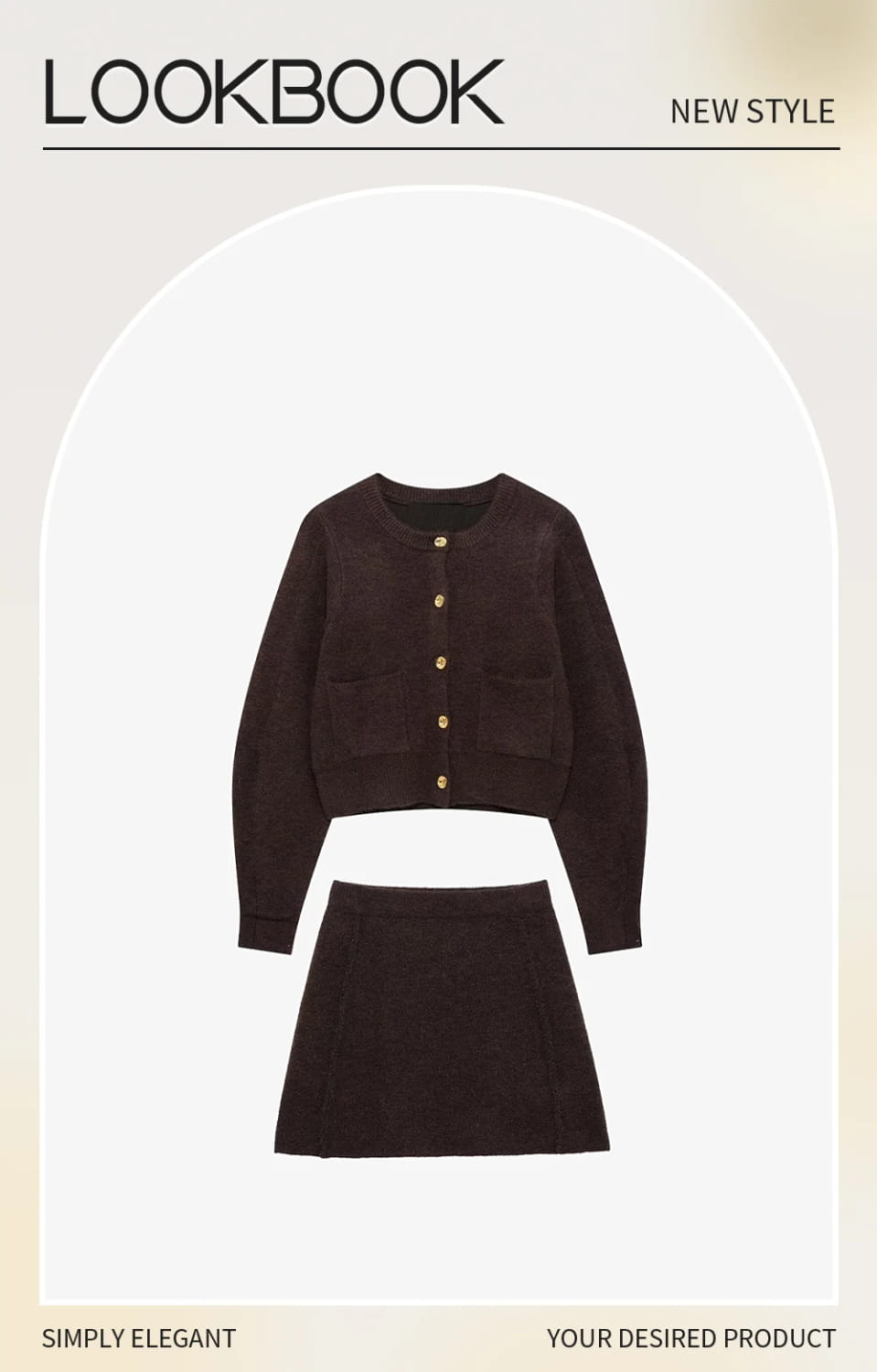 Women’s Knitted Set with Gold Buckle Decoration Long Sleeve Top Side Stitching Decorative Skirt