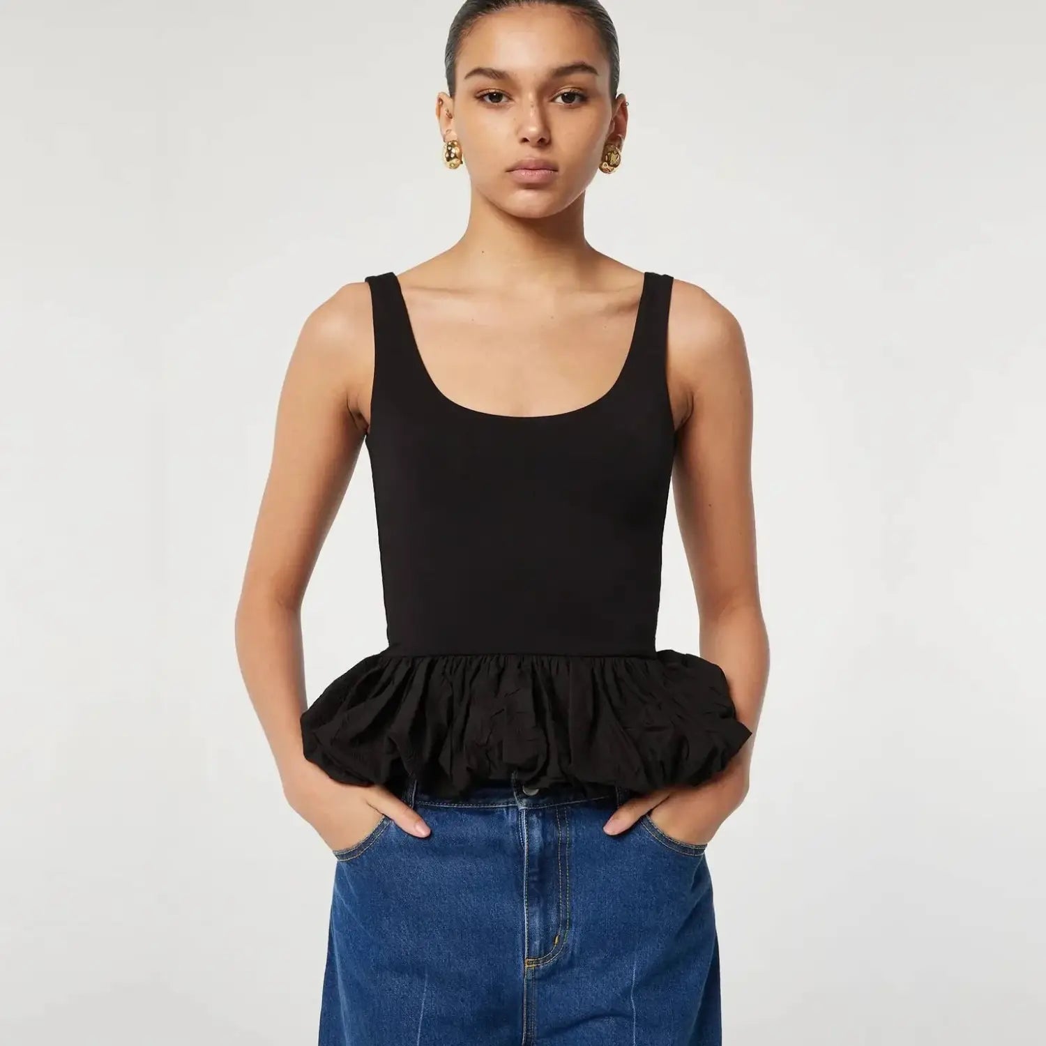 Black Ruffled Patchwork Tank Top