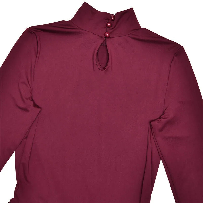 Turtleneck Long Sleeve Women Mini Dress Burgundy High Waist A-line