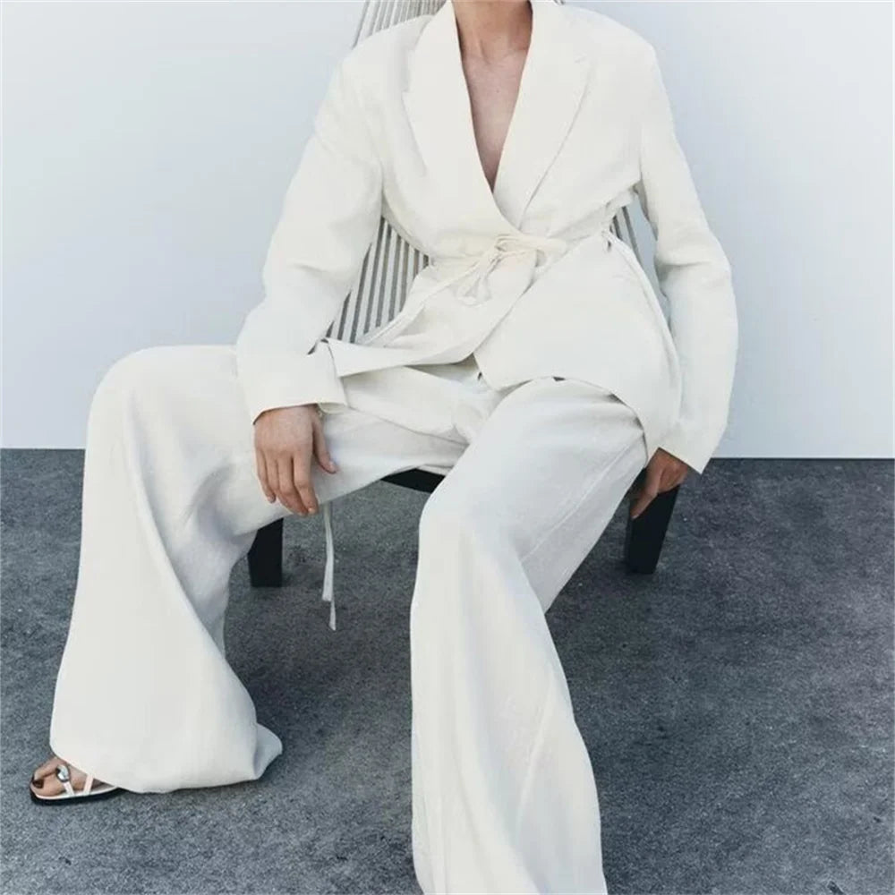 Women’s Casual Retro Linen Blend Suit Jacket&Pants Set