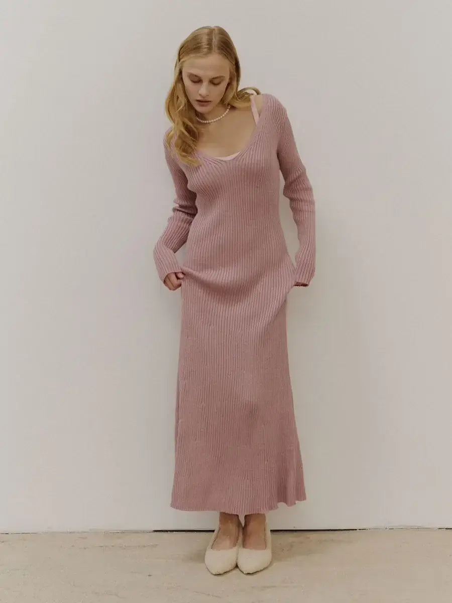 Women’s Long Sleeve V-neck Slim Bodycon Knitted Maxi Dress