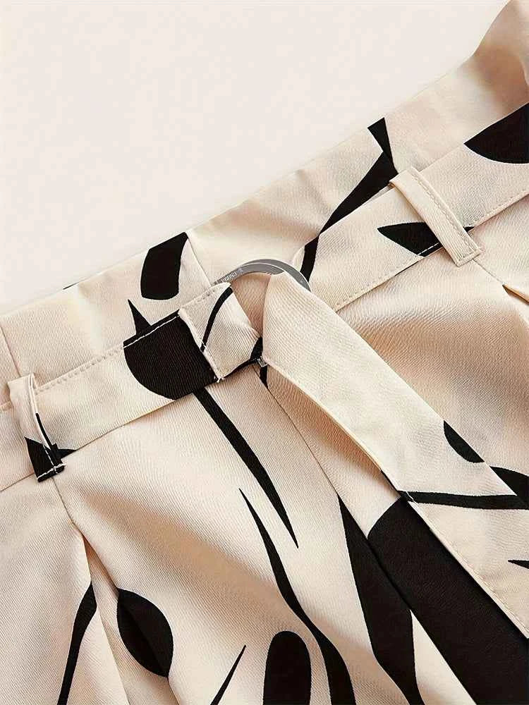 Ladies Abstract Print Belt Casual Wide Leg Pants