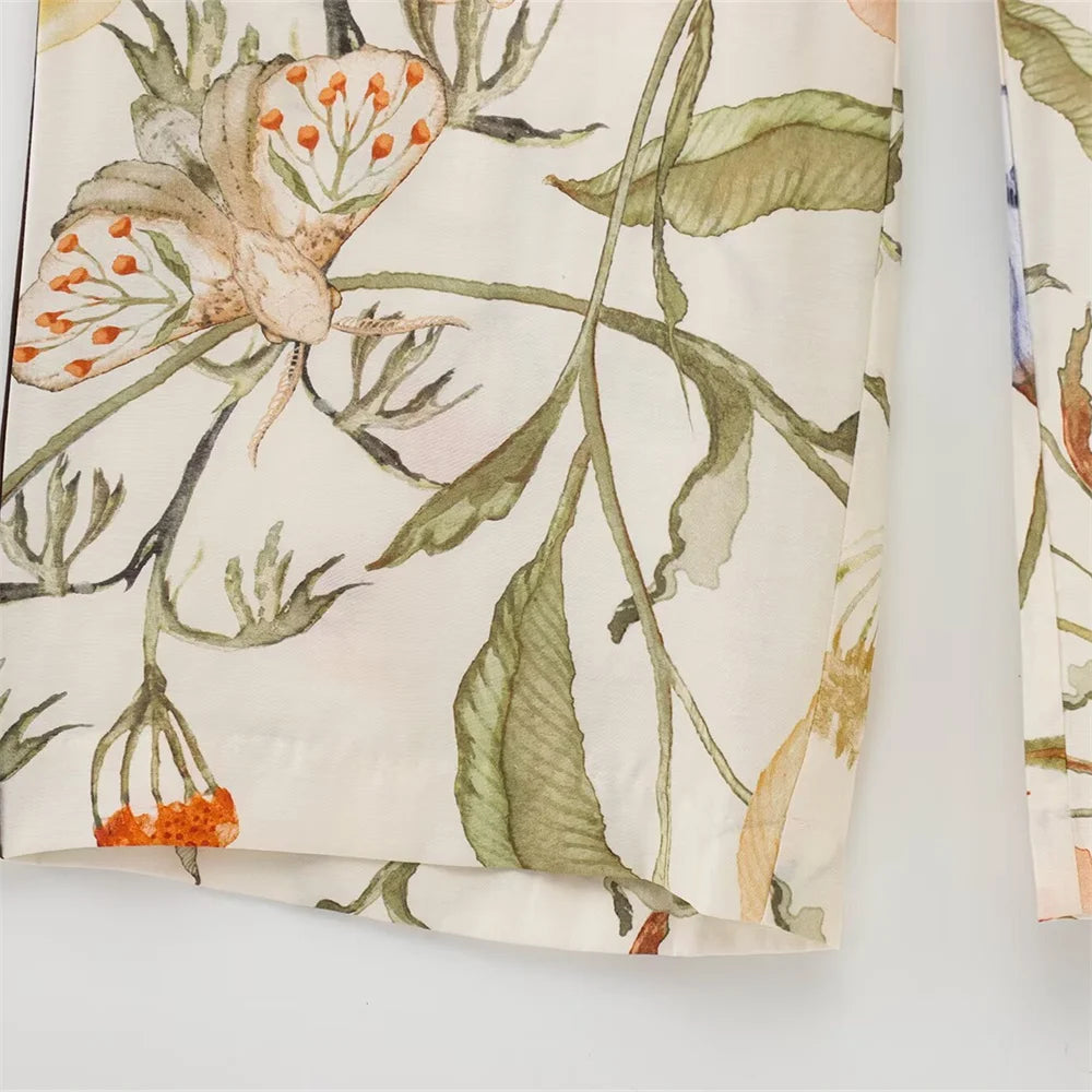 Women’s Floral Pattern Shirt With Rolled Edge Design Long Pants