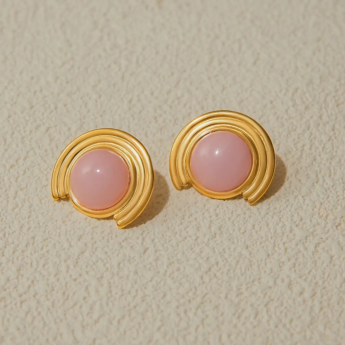 Pink Natural Stone Ribbed Earrings Stainless Steel