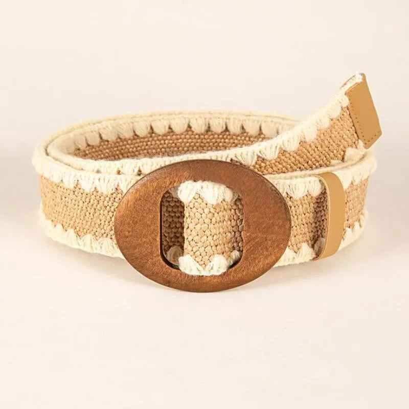 Patchwork Round Wood Buckle Women Belt