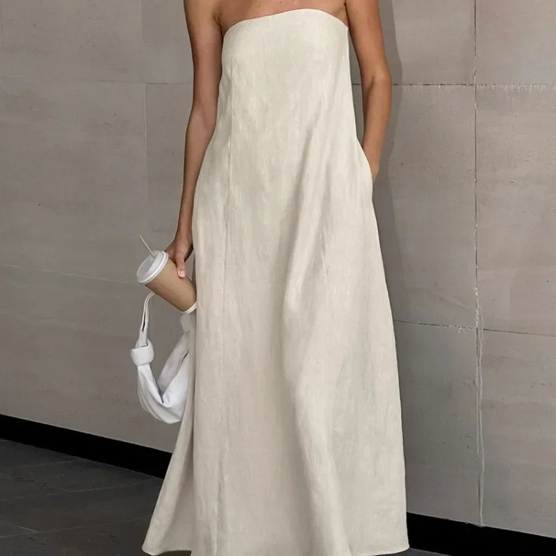 French Khaki Cotton Linen Strapless  High Waisted Dress - Norellé