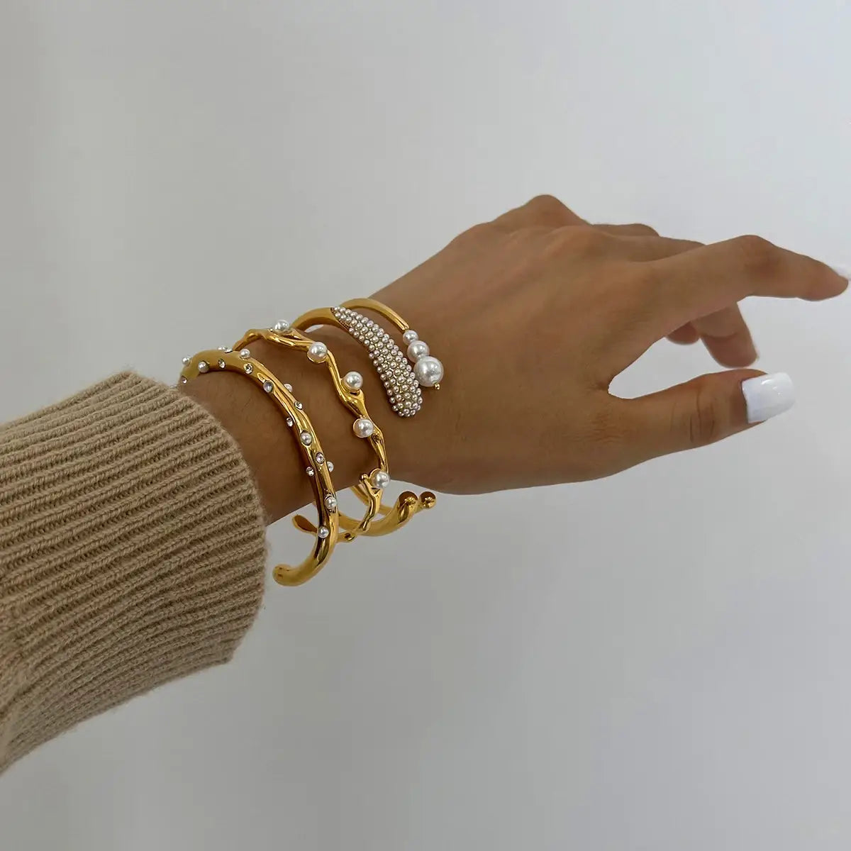 Double Wrap Stack Bracelet Pearl Open Bangle