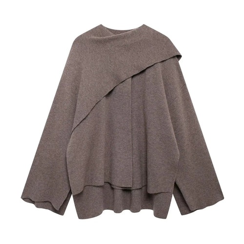 Women's Asymmetric Scarf Knitted Jacket O-neck Single Button Side - Norellé