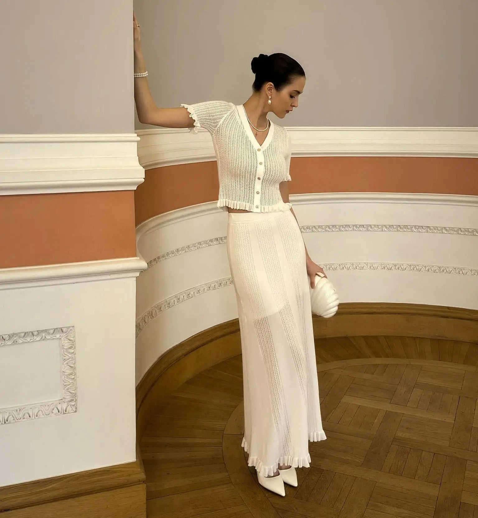 Knitting Hollow Top Long Skirt Suit