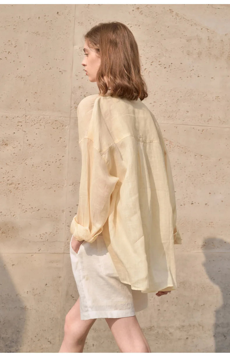 Women’s Lapel Long-Sleeved White Casual Loose Blouse