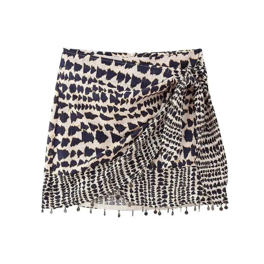 Women Vintage Geometric Print Knotted Mini Skirt