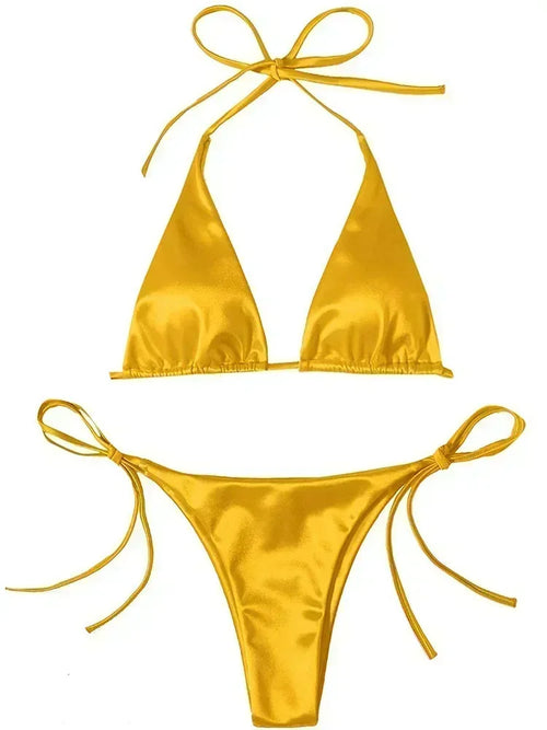 Halter Brazilian Metallic Satin Bikini Women Swimwear Female Swimsuit - Norellé