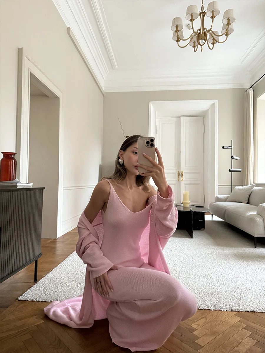 Women Long Dress Three Piece Solid Knit Halter Sleeve Cardigan Set