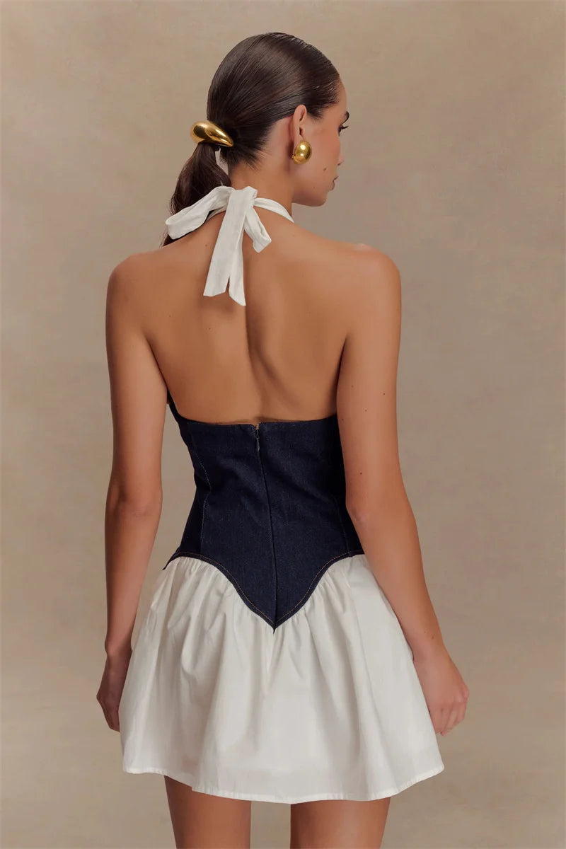 Patchwork Denim Backless Mini Dress Women