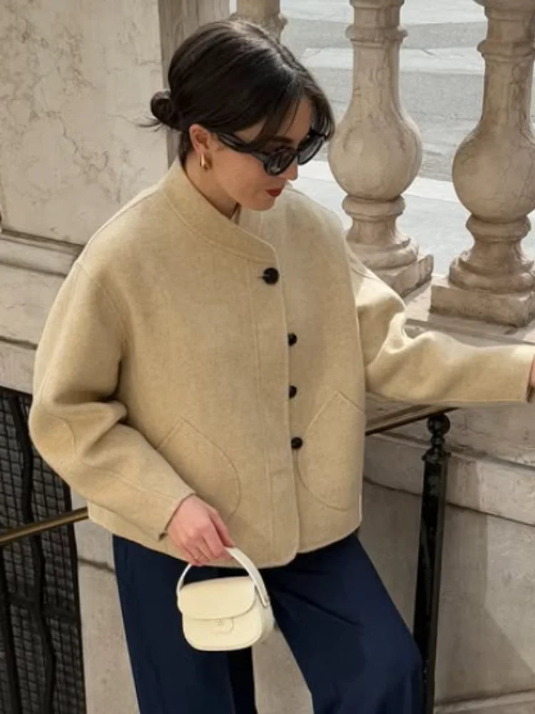 Casual Solid Woolen Coat Women Round Neck Single Breasted Long Sleeve