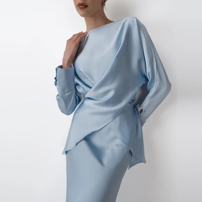 Fashion Long Sleeve Two Piece Casual Temperament Satin Women’s Set