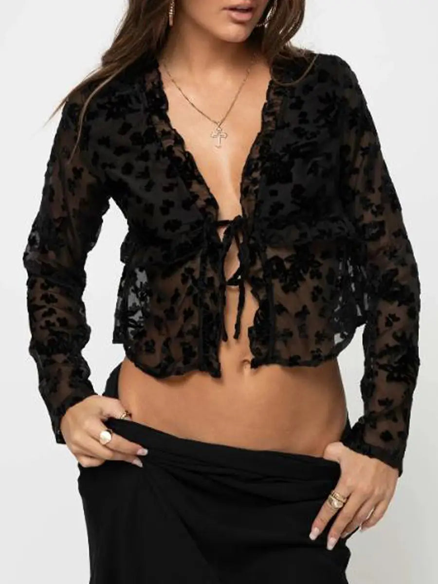 Shirt For Women Elegant Long Sleeve Tie-Up Lace Top