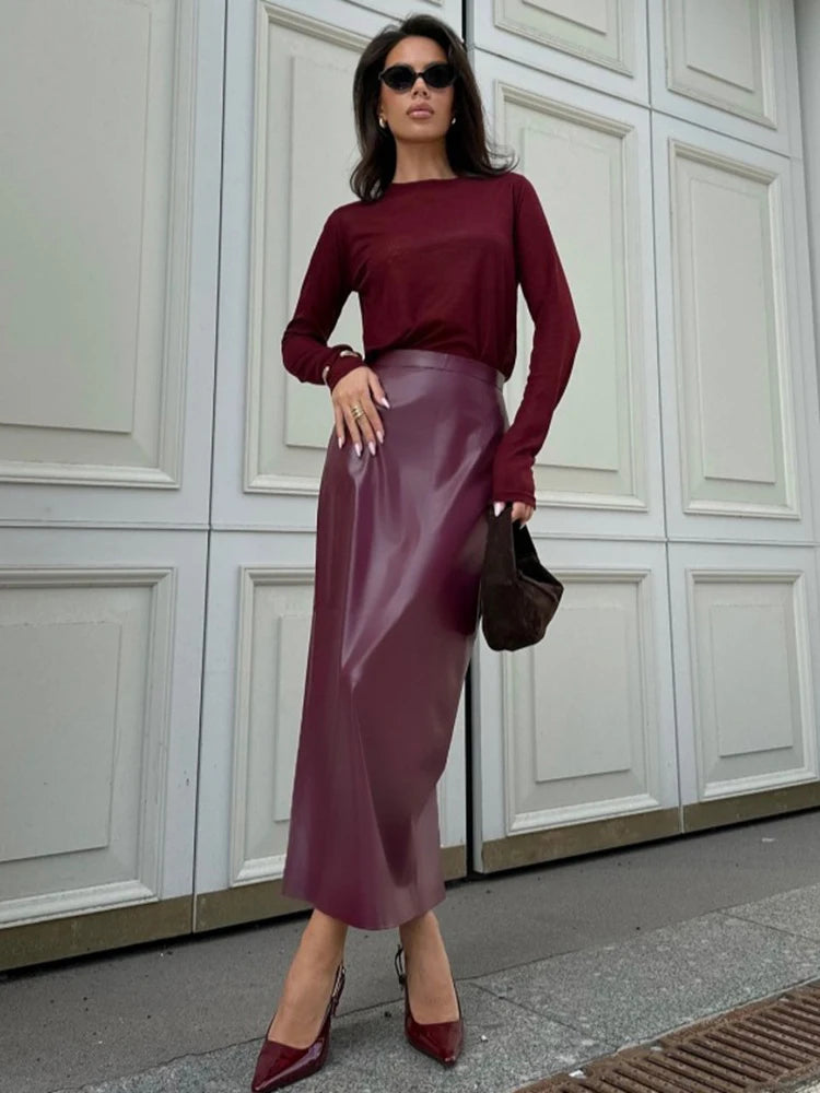 Elegant Burgundy Skirt High Waist Slim Fashion Slit Long - Norellé