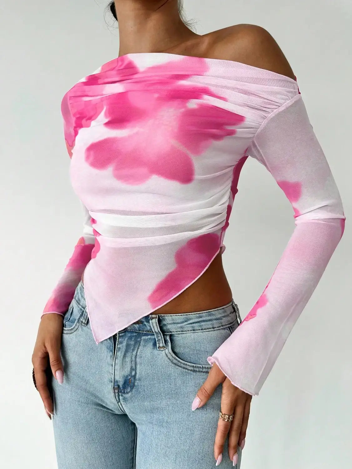 Mesh Print Diagonal Shoulder Long Sleeve Top