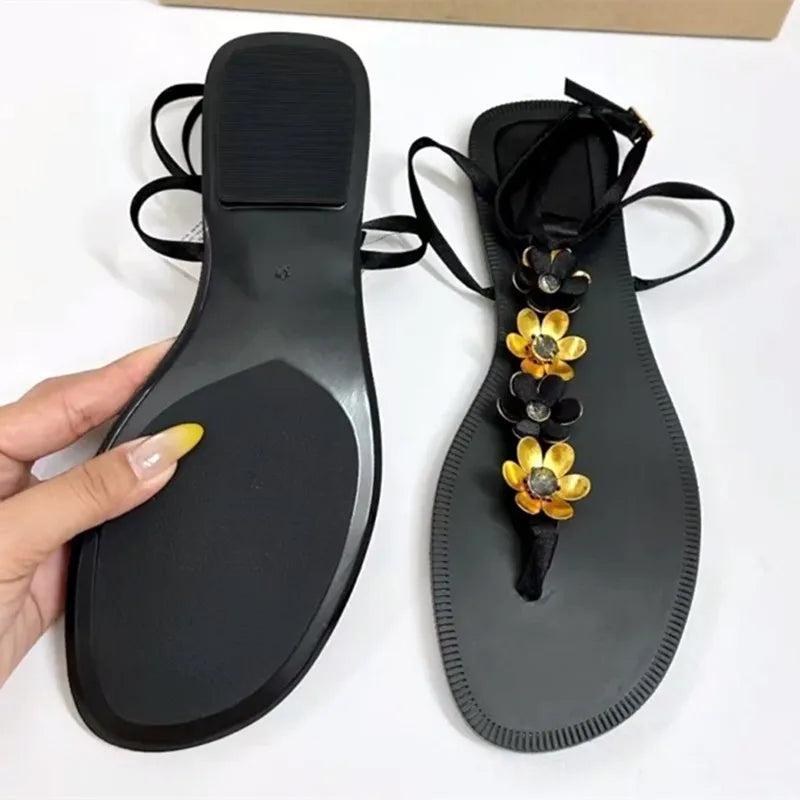 Metal Flower Decoration Flat Sandals