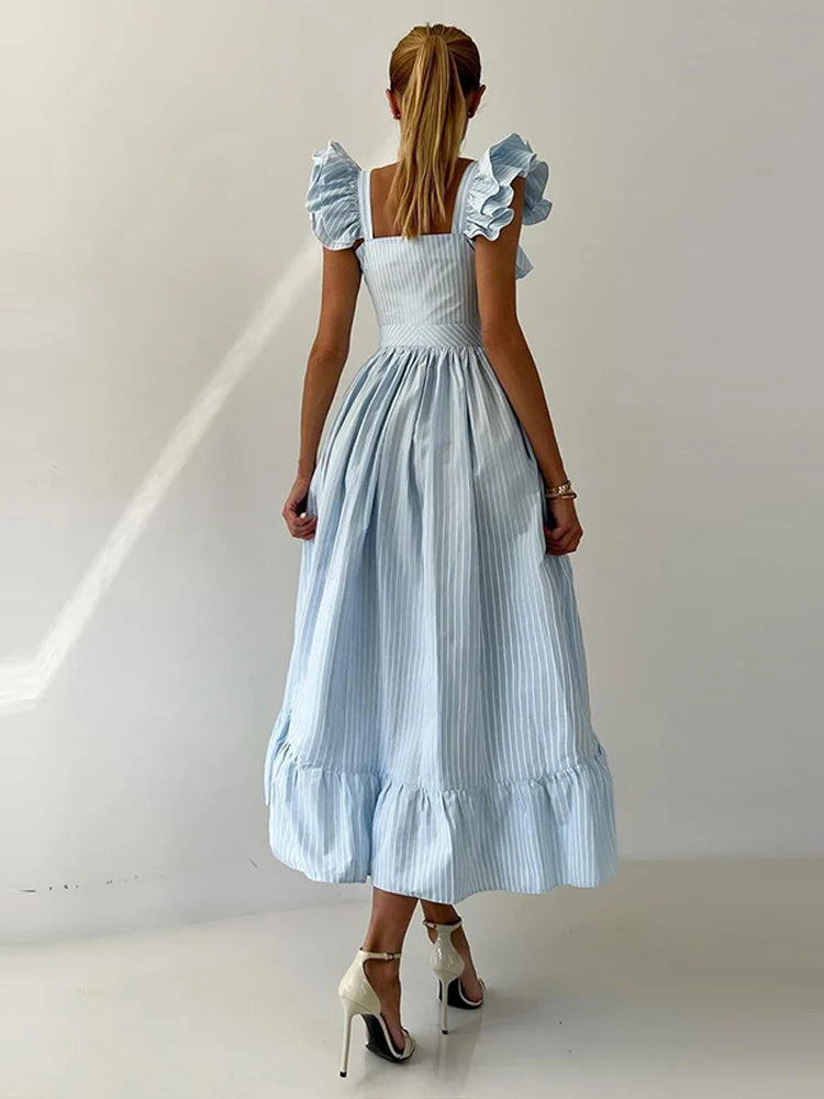 Flying Sleeve Ruffle Striped Slip Long Dress Women - Norellé