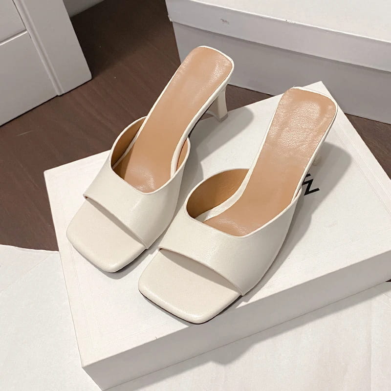 Women Heeled Mules Sandals Soft Leather