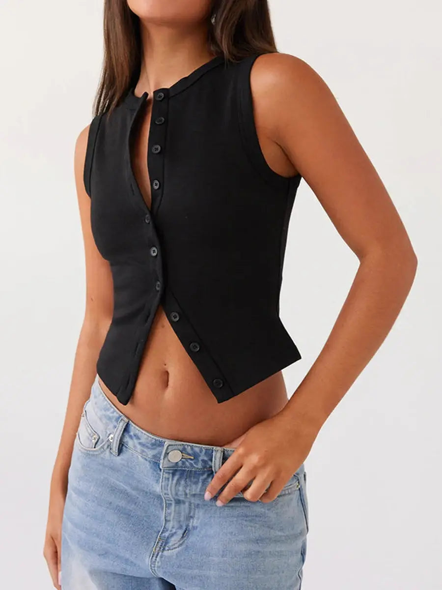 Vintage Ribbed Women Button Tank Top