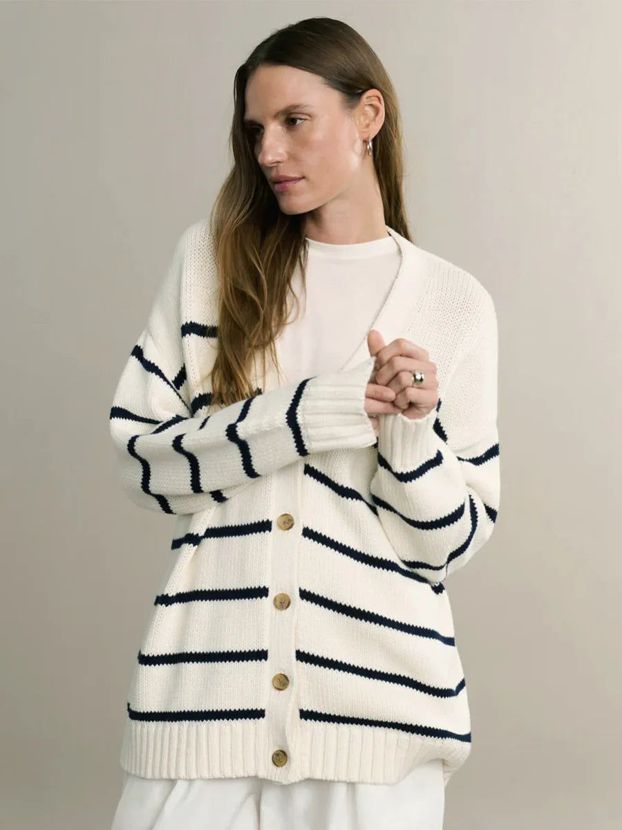 Women’s Striped Knit Cardigan V Neck Cotton Loose Fit