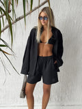 Women's Casual Shorts Sets 100% Cotton Solid Color Cozy Lapel - Norellé