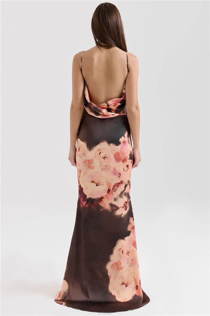 Satin Floral Print Maxi Dress Women