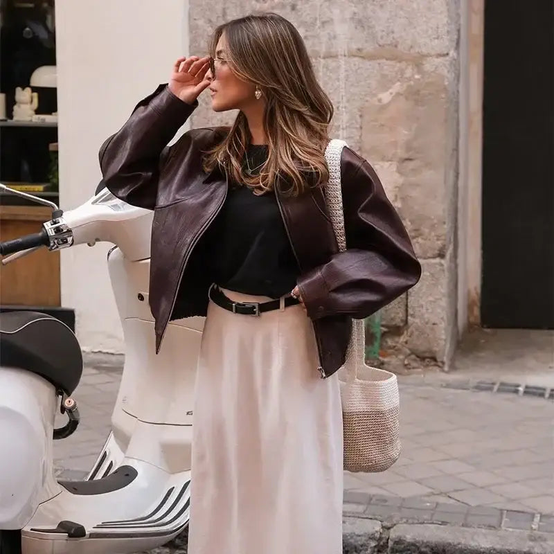 Vintage Wine Red Loose Short Leather Jacket Women