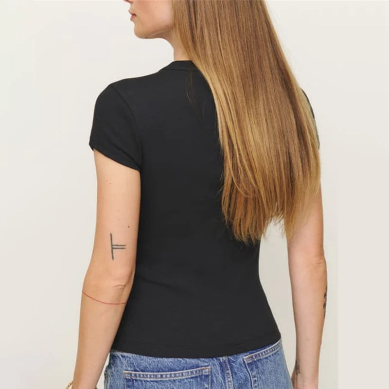 Women Solid Color Rib Knitted T-shirt